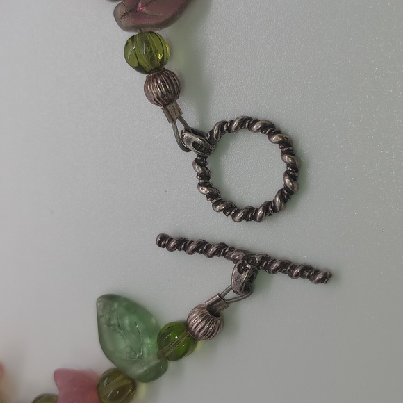 Vintage Lampwork Glass Beaded Bracelet Trumpet Flower & Leaves Metal Toggle - Picture 8 of 8